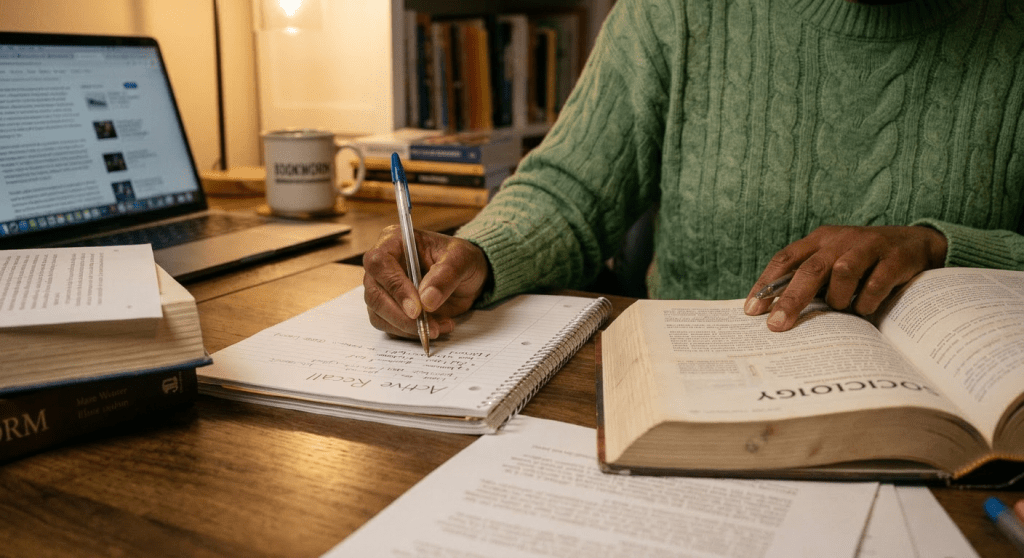 Current image: Woman reading and taking notes at desk surrounded by books and writing supplies